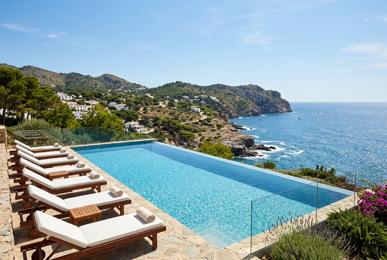 Outdoor swimming pool by the sea with loungers and Mediterranean landscape, clear water, sunny day
