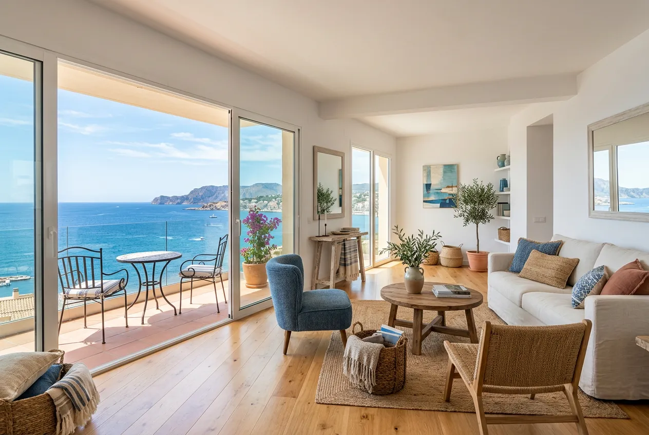 Modern apartment interior with sea view balcony, white walls, comfortable seating, Mediterranean decor, natural light