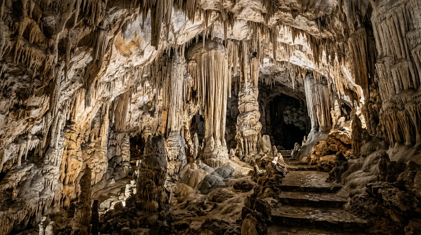 Nerja caves interior with stalactites and stalagmites formations, underground chamber, dramatic geological formations