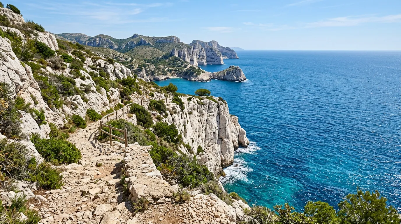 Coastal hiking trail along Mediterranean cliffs with sea views, rocky path, white cliffs overlooking blue water